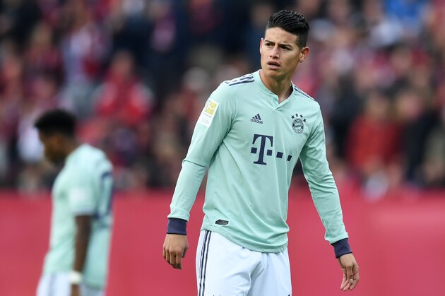 Bayern Munich's Colombian midfielder James Rodriguez reacts during the German first division Bundesliga football match Nuremberg v FC Bayern Munich on April 28, 2019 in Nuremberg, southern Germany. (Photo by Christof STACHE / AFP) / RESTRICTIONS: DFL REGULATIONS PROHIBIT ANY USE OF PHOTOGRAPHS AS IMAGE SEQUENCES AND/OR QUASI-VIDEO        (Photo credit should read CHRISTOF STACHE/AFP/Getty Images)