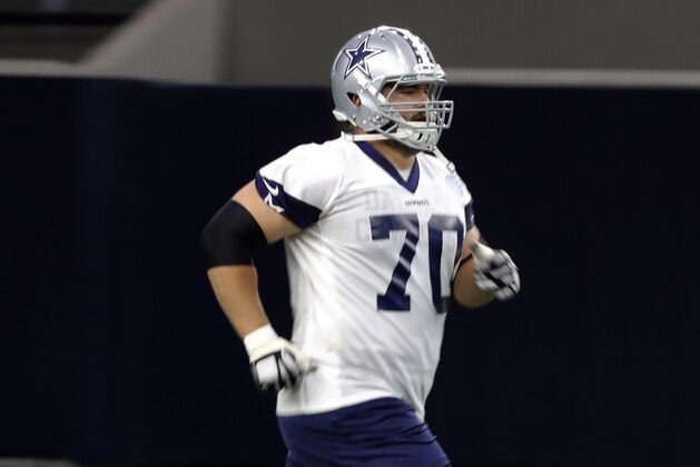 Dallas Cowboys offensive guard Zack Martin (70) participates in drills at the team's NFL football training facility in Frisco, Texas, Thursday, June 13, 2019. (AP Photo/Tony Gutierrez)