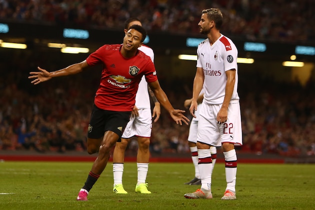 Manchester United's English midfielder Jesse Lingard celebrates after he scores the team's second goal during the 2019 International Champions Cup football match between Manchester United and A C Milan at the Principality Stadium, Cardiff on August 3, 2019. (Photo by GEOFF CADDICK / AFP)        (Photo credit should read GEOFF CADDICK/AFP/Getty Images)