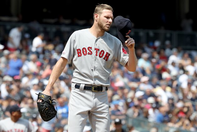 NEW YORK, NEW YORK - AUGUST 03: Chris Sale #41 of the Boston Red Sox adjust his hat in the fourth inning against the New York Yankees during game one of a double header at Yankee Stadium on August 03, 2019 in the Bronx borough of New York City. (Photo by Elsa/Getty Images)