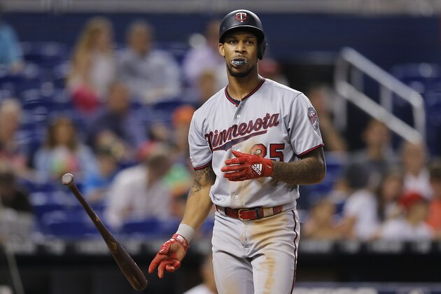 MIAMI, FLORIDA - AUGUST 01:  Byron Buxton #25 of the Minnesota Twins reacts after striking out against the Miami Marlins at Marlins Park on August 01, 2019 in Miami, Florida. (Photo by Michael Reaves/Getty Images)