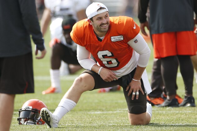 Cleveland Browns quarterback Baker Mayfield (6) stretches during practice at the NFL football team's training facility Wednesday, July 31, 2019, in Berea, Ohio. (AP Photo/Ron Schwane)