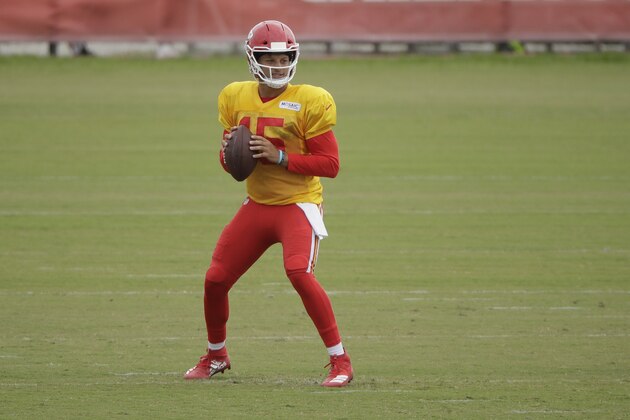 Kansas City Chiefs quarterback Patrick Mahomes gets set to throw during NFL football training camp Friday, Aug. 2, 2019, in St. Joseph, Mo. (AP Photo/Charlie Riedel)