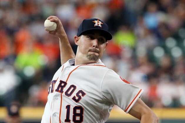 HOUSTON, TEXAS - AUGUST 03: Aaron Sanchez #18 of the Houston Astros pitches in the first inning against the Seattle Mariners at Minute Maid Park on August 03, 2019 in Houston, Texas. (Photo by Bob Levey/Getty Images)