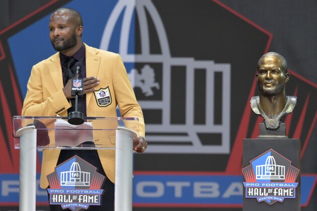 Former NFL player Champ Bailey speaks during the induction ceremony at the Pro Football Hall of Fame, Saturday, Aug. 3, 2019, in Canton, Ohio. (AP Photo/David Richard)