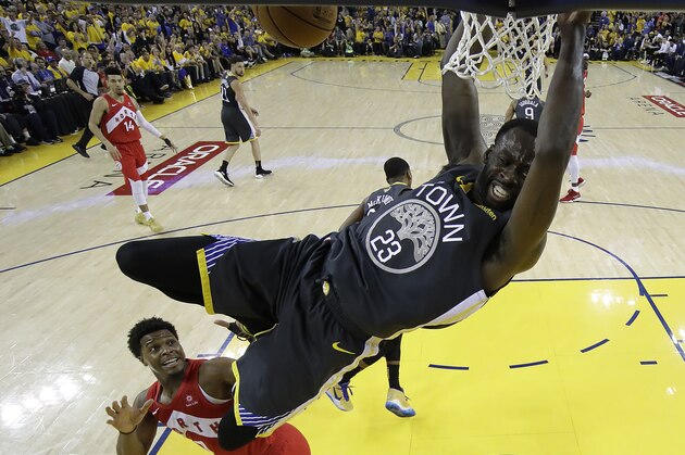 OAKLAND, CALIFORNIA - JUNE 13:  Draymond Green #23 of the Golden State Warriors dunks the ball against the Toronto Raptors during Game Six of the 2019 NBA Finals at ORACLE Arena on June 13, 2019 in Oakland, California. NOTE TO USER: User expressly acknowledges and agrees that, by downloading and or using this photograph, User is consenting to the terms and conditions of the Getty Images License Agreement. (Photo by Tony Avelar-Pool/Getty Images)