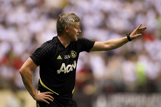 SHANGHAI, CHINA - JULY 25:  Manager Ole Gunnar Solskjaer of Manchester United gives instruction during the International Champions Cup match between Tottenham Hotspur and Manchester United at the Shanghai Hongkou Stadium on July 25, 2019 in Shanghai, China.  (Photo by Lintao Zhang/International Champions Cup/Getty Images)