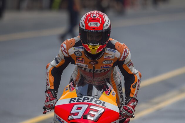 BRNO, CZECH REPUBLIC - AUGUST 03:  Marc Marquez of Spain and Repsol Honda Team starts from box during the MotoGp of Czech Republic - Qualifying at Brno Circuit on August 03, 2019 in Brno, Czech Republic. (Photo by Mirco Lazzari gp/Getty Images)