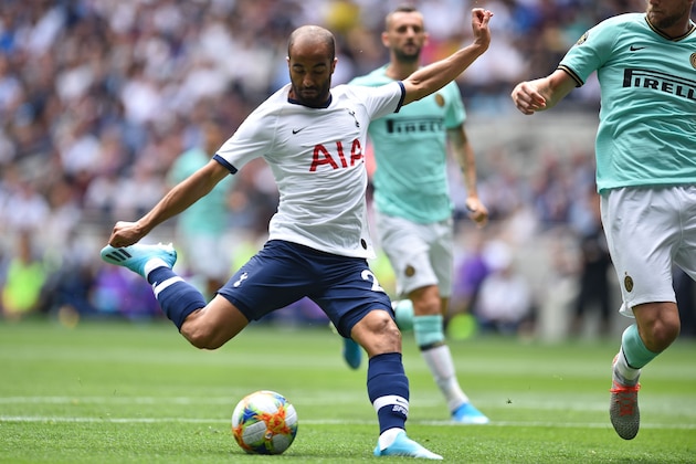Tottenham Hotspur's Brazilian midfielder Lucas Moura shoots to score during the 2019 International Champions Cup football match between Tottenham Hotspur and Inter Milan at Tottenham Hotspur Stadium in London on August 4, 2019. (Photo by Glyn KIRK / AFP)        (Photo credit should read GLYN KIRK/AFP/Getty Images)