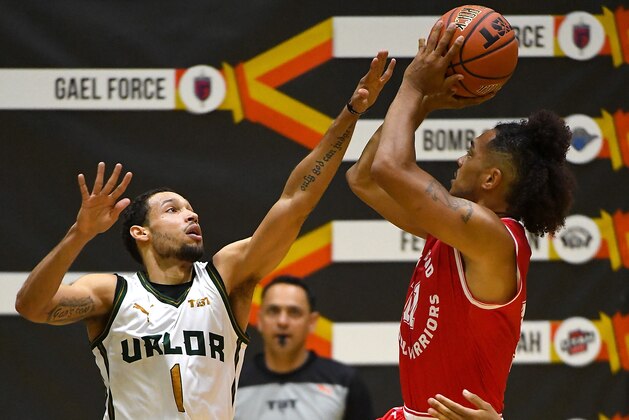 LOS ANGELES, CA - JULY 13:  Jamal Camilo #1 of the Utah Valor defends a shot by Buddha Boyd #10 of the Fort Hood Wounded Warriors  as he goes for a basket in the West Regional of The Basketball Tournament (TBT) at Eagle's Nest Arena on July 13, 2018 in Los Angeles, California.  (Photo by Jayne Kamin-Oncea/Getty Images)