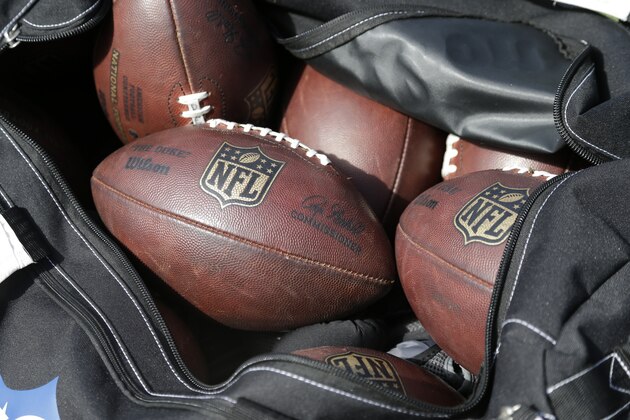 A bag of NFL footballs at the ready on the San Francisco sidelines before the start of an NFL football game against the Carolina Panthers in Charlotte, N.C., Sunday, Sept. 18, 2016. The Panthers won 46-27.  (AP Photo/Bob Leverone)