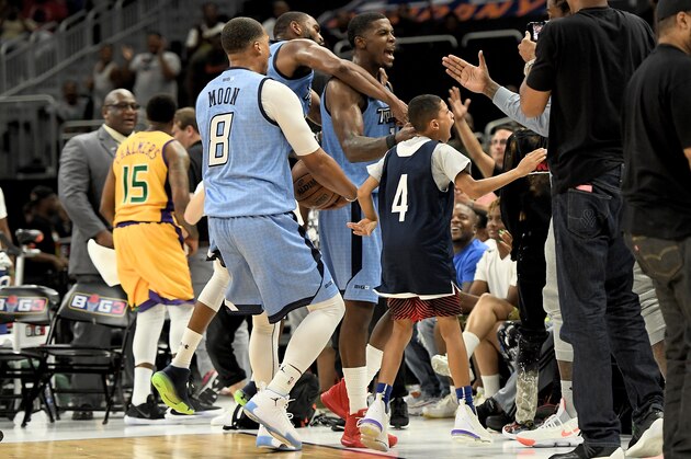 MILWAUKEE, WISCONSIN - AUGUST 04:  Joe Johnson #1 of the Triplets celebrates with teammates after beating the 3 Headed Monsters 50-48 during BIG3 - Week Seven at Fiserv Forum on August 04, 2019 in Milwaukee, Wisconsin. (Photo by Stacy Revere/BIG3 via Getty Images)