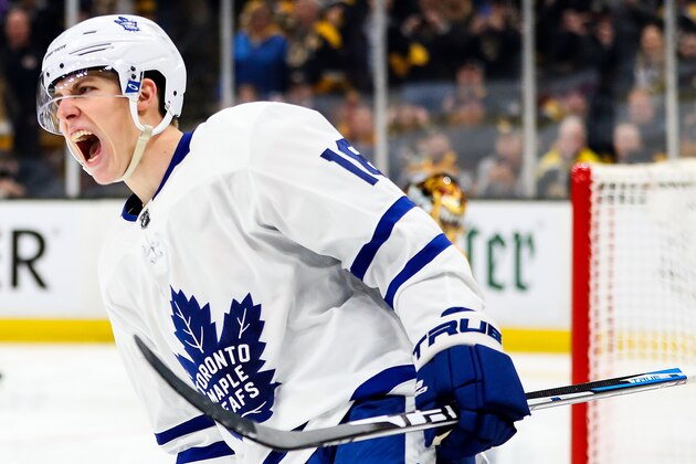 BOSTON, MA - APRIL 11:  Mitchell Marner #16 of the Toronto Maple Leafs reacts after scoring a penalty on Tuukka Rask #40 of the Boston Bruins in the second period of Game One of the Eastern Conference First Round during the 2019 NHL Stanley Cup Playoffs at TD Garden on April 11, 2019 in Boston, Massachusetts. (Photo by Adam Glanzman/Getty Images)
