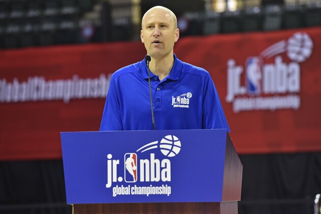 KISSIMMEE, FL - AUGUST 04: Vice President, Youth Basketball Development, David Krichavsky speaks to the kids during the Jr. NBA Global Championships - Tip Off Ceremony in Orlando, Florida at the HP Field House on August 4, 2019. NOTE TO USER: User expressly acknowledges and agrees that, by downloading and/or using this photograph, user is consenting to the terms and conditions of the Getty Images License Agreement. Mandatory Copyright Notice: Copyright 2019 NBAE (Photo by Gary Bassing/NBAE via Getty Images)