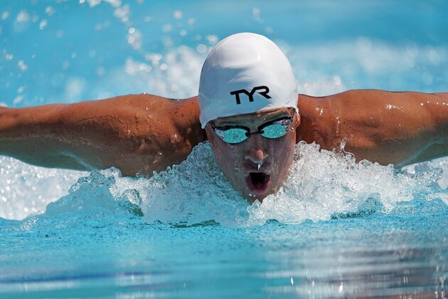 Ryan Lochte competes in the men's 200-meter individual medley time trial at the U.S. national swimming championships in Stanford, Calif., Wednesday, July 31, 2019. Lochte is returning from a 14-month suspension. (AP Photo/David J. Phillip)