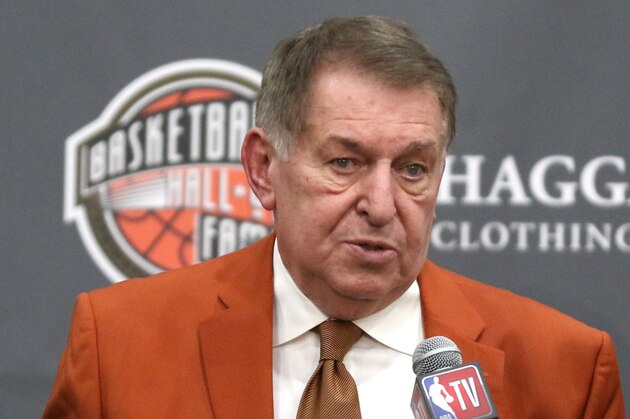 CHARLOTTE, NC - FEBRUARY 15:  Kareem Abdul-Jabaar and Jerry Colangelo during the 2019 Naismith Memorial Basketball Hall of Fame announcement as part of the 2019 NBA All-Star Weekend on February 15, 2019 at the Spectrum Center in Charlotte, North Carolina. NOTE TO USER: User expressly acknowledges and agrees that, by downloading and or using this photograph, User is consenting to the terms and conditions of the Getty Images License Agreement. Mandatory Copyright Notice: Copyright 2019 NBAE (Photo by Brock Williams-Smith/NBAE via Getty Images)
