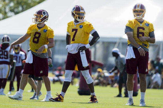 RICHMOND, VA - JULY 26: Case Keenum #8 of the Washington Redskins participates in drills along with Dwayne Haskins #7 and Josh Woodrum #6 during training camp at Bon Secours Washington Redskins Training Center on July 26, 2019 in Richmond, Virginia. (Photo by Scott Taetsch/Getty Images)