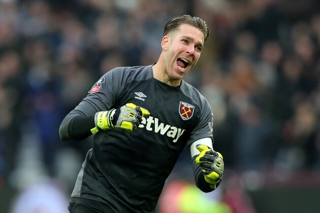 LONDON, ENGLAND - JANUARY 05:  Adrian of West Ham United celebrates his sides second goal during the FA Cup Third Round match between West Ham United and Birmingham City at The London Stadium on January 5, 2019 in London, United Kingdom.  (Photo by Alex Morton/Getty Images)