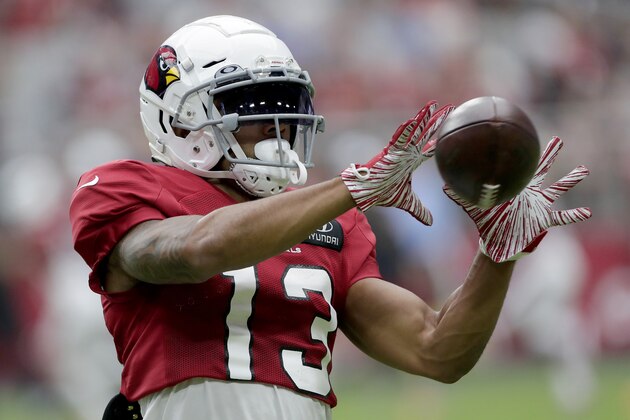 Arizona Cardinals' Christian Kirk makes a catch during the NFL football team's training camp scrimmage Saturday, Aug. 3, 2019, in Glendale, Ariz. (AP Photo/Matt York)