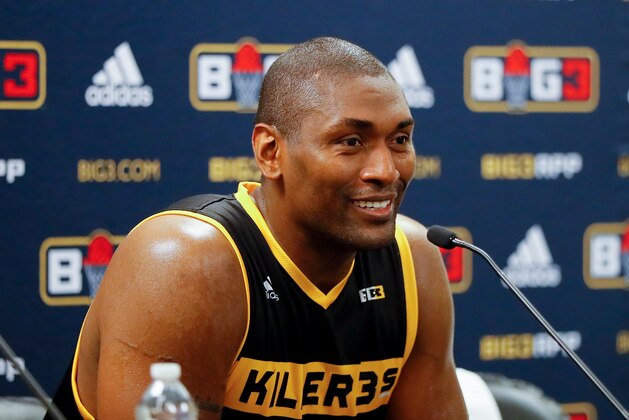 DULUTH, GA - AUGUST 10:  Metta World Peace #15 of Killer 3s answers questions from the media during week eight of the BIG3 three on three basketball league at Infinite Energy Arena on August 10, 2018 in Duluth, Georgia.  (Photo by Kevin C. Cox/Getty Images)