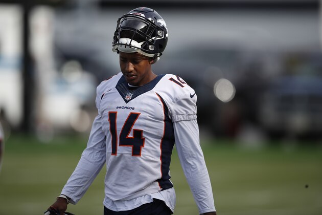 Denver Broncos wide receiver Courtland Sutton (14) warms up during an NFL training camp practice at the team's headquarters Tuesday, July 30, 2019, in Englewood, Colo. (AP Photo/David Zalubowski)