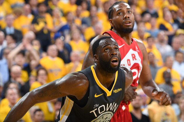 OAKLAND, CA - JUNE 13: Draymond Green #23 of the Golden State Warriors boxes out against the Toronto Raptors during Game Six of the NBA Finals on June 13, 2019 at ORACLE Arena in Oakland, California. NOTE TO USER: User expressly acknowledges and agrees that, by downloading and/or using this photograph, user is consenting to the terms and conditions of Getty Images License Agreement. Mandatory Copyright Notice: Copyright 2019 NBAE (Photo by Andrew D. Bernstein/NBAE via Getty Images)