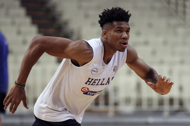 Basketball player Giannis Antetokounmpo, of the Milwaukee Bucks, takes part in a training session of the Greek national team on Friday, Aug. 2, 2019 ahead of the FIBA Basketball World Cup 2019 in China.(AP Photo/Petros Giannakouris)