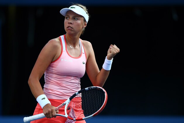 TORONTO, ON - AUGUST 05:  Anett Kontaveit of Estonia reacts after winning a point against Maria Sharapova of Russia during a first round match on Day 3 of the Rogers Cup at Aviva Centre on August 05, 2019 in Toronto, Canada.  (Photo by Vaughn Ridley/Getty Images)