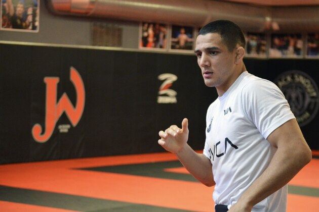 Aaron Pico trains at the Jackson Wink MMA Academy on Monday, June 3, 2019, in Albuquerque, N.M. Pico said like many Mexican Americans he was inspired by Andy Ruiz, Jr., who shocked the world Saturday by defeating Anthony Joshua in New York to became the first Mexican American boxing heavyweight champion of the world. (AP Photo/Russell Contreras)