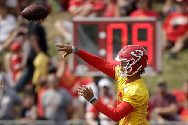 Kansas City Chiefs quarterback Patrick Mahomes passes during NFL football training camp Monday, Aug. 5, 2019, in St. Joseph, Mo. (AP Photo/Charlie Riedel)