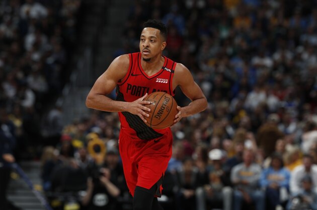 Portland Trail Blazers guard CJ McCollum (3) in the second half of Game 2 of an NBA basketball second-round playoff series Wednesday, May 1, 2019, in Denver. Portland won 97-90. (AP Photo/David Zalubowski)