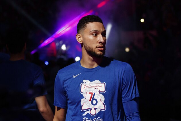 Philadelphia 76ers' Ben Simmons, of Australia, looks on prior to the first half in Game 5 of a first-round NBA basketball playoff series against the Brooklyn Nets, Tuesday, April 23, 2019, in Philadelphia. The 76ers won 122-100. (AP Photo/Chris Szagola)