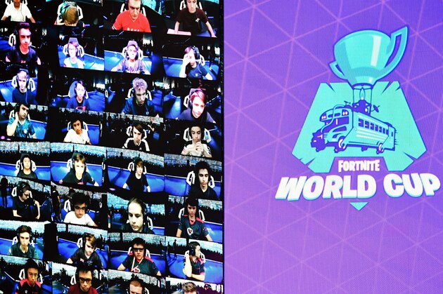 Bugha (R-2nd from Bottom) of the US is seen on a TV screen during the final of the Solo competition at the 2019 Fortnite World Cup July 28, 2019 inside of Arthur Ashe Stadium, in New York City. (Photo by Johannes EISELE / AFP)        (Photo credit should read JOHANNES EISELE/AFP/Getty Images)