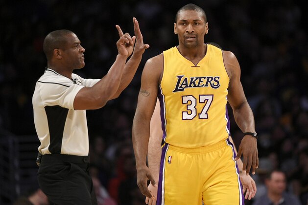 Los Angeles Lakers forward Metta World Peace (37) in action during the first half of an NBA basketball game against the Memphis Grizzlies in Los Angeles, Tuesday, March 22, 2016. (AP Photo/Kelvin Kuo)