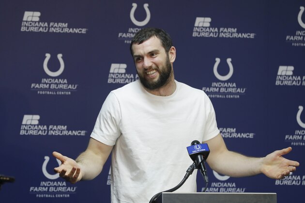 Indianapolis Colts quarterback Andrew Luck speaks during a news conference at the NFL football team's facility, Monday, April 15, 2019, in Indianapolis. (AP Photo/Darron Cummings)