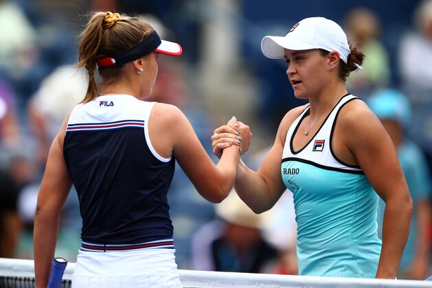 TORONTO, ON - AUGUST 06:  Sofia Kenin of the United States shakes hands with Ashleigh Barty of Australia following a first round match on Day 4 of the Rogers Cup at Aviva Centre on August 06, 2019 in Toronto, Canada.  (Photo by Vaughn Ridley/Getty Images)