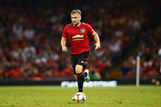 CARDIFF, WALES - AUGUST 03: Luke Shaw of Manchester United in action during the 2019 International Champions Cup match between Manchester United and AC Milan at Principality Stadium on August 03, 2019 in Cardiff, Wales. (Photo by Chris Brunskill/Fantasista/Getty Images)