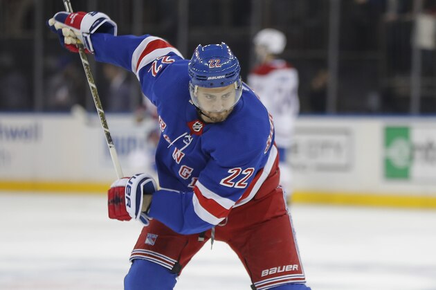 New York Rangers defenseman Kevin Shattenkirk (22) warms up before an NHL hockey game against the Montreal Canadiens, Friday, March 1, 2019, in New York. (AP Photo/Julie Jacobson)