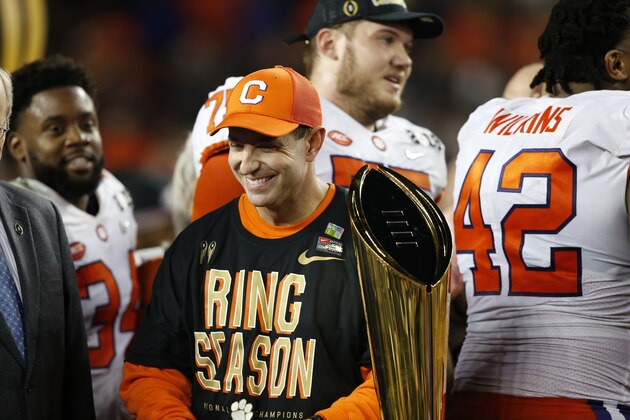 SANTA CLARA, CA - JANUARY 07: Head Coach Dabo Swinney of the Clemson Tigers celebrates on the field following the game against the Alabama Crimson Tide in the CFP National Championship presented by AT&T at Levi's Stadium on January 7, 2019 in Santa Clara, California (Photo by Michael Zagaris/Getty Images)