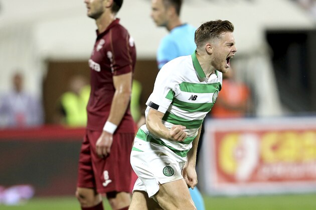 Celtic's James Forrest celebrates scoring his side's first goal during the Champions League third qualifying round, first leg, soccer match between CFR Cluj and Celtic FC, at the Constantin Radulescu stadium in Cluj, Romania, Wednesday, Aug. 7, 2019. (AP Photo/Mircea Rosca)