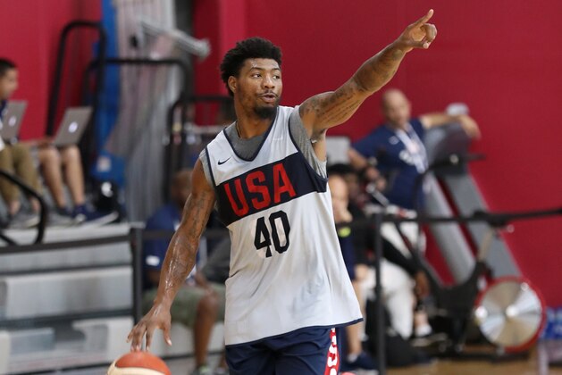 LAS VEGAS, NV - AUGUST 06: Marcus Smart signals to team during the 2019 USA Basketball Men's National Team Training Camp at Mendenhall Center on the University of Nevada, Las Vegas campus on August 05, 2019 in Las Vegas Nevada. NOTE TO USER: User expressly acknowledges and agrees that, by downloading and/or using this Photograph, user is consenting to the terms and conditions of the Getty Images License Agreement. Mandatory Copyright Notice: Copyright 2019 NBAE (Nathaniel S. Butler/NBAE via Getty Images)