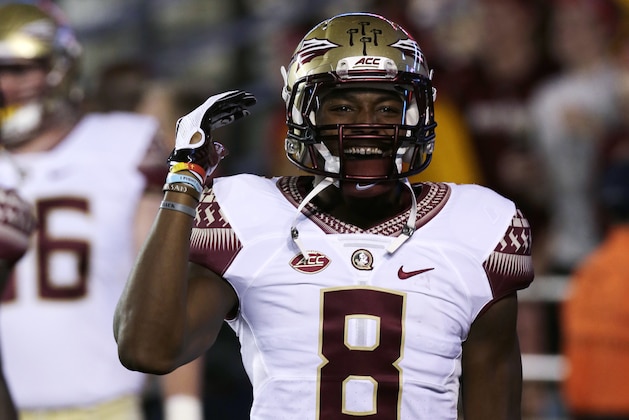 Florida State defensive back Jalen Ramsey (8) prior to an NCAA college football game in Boston, Friday, Sept. 18, 2015. (AP Photo/Charles Krupa)