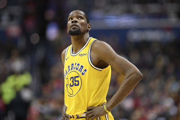 Golden State Warriors forward Kevin Durant (35) stands on the court during the second half of an NBA basketball game against the Washington Wizards, Thursday, Jan. 24, 2019, in Washington. The Warriors won 126-118. (AP Photo/Nick Wass)