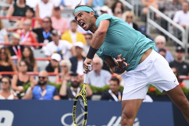 MONTREAL, QC - AUGUST 07:  Rafael Nadal of Spain serves against Daniel Evans of Great Britain during day 6 of the Rogers Cup at IGA Stadium on August 7, 2019 in Montreal, Quebec, Canada.  (Photo by Minas Panagiotakis/Getty Images)