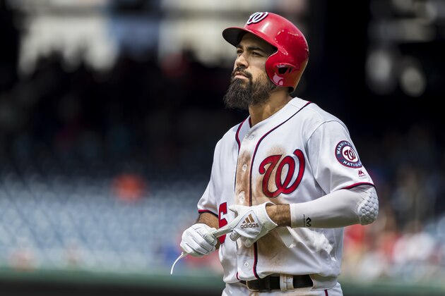 WASHINGTON, DC - JULY 31: Anthony Rendon #6 of the Washington Nationals removes his batting gloves after reaching first base against the Atlanta Braves during the ninth inning at Nationals Park on July 31, 2019 in Washington, DC. (Photo by Scott Taetsch/Getty Images)