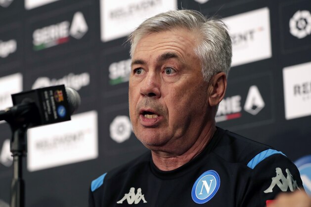 SSC Napoli head coach Carlo Ancelotti speaks during a news conference, Tuesday, Aug. 6, 2019, in Miami Gardens, Fla. SSC Napoli plays FC Barcelona in the LaLiga-Serie A Cup soccer match Wednesday at Hard Rock Stadium. (AP Photo/Lynne Sladky)