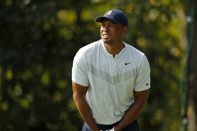 JERSEY CITY, NEW JERSEY - AUGUST 08: Tiger Woods of the United States hits off the 18th tee during the first round of The Northern Trust at Liberty National Golf Club on August 08, 2019 in Jersey City, New Jersey. (Photo by Kevin C. Cox/Getty Images)