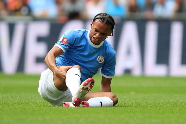 LONDON, ENGLAND - AUGUST 04: Leroy Sane of Manchester City reacts to an injury during the FA Community Shield match between Liverpool and Manchester City at Wembley Stadium on August 4, 2019 in London, England. (Photo by Marc Atkins/Getty Images)