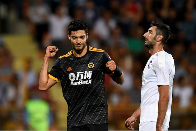YEREVAN, ARMENIA - AUGUST 08: Raul Jimenez of Wolverhampton Wanderers celebrates after scoring a goal to make it 0-2 during the UEFA Europa League Third Qualifying Round First Leg fixture between FC Pyunik and Wolverhampton Wanderers at Pyunik Stadium on August 8, 2019 in Yerevan, Armenia. (Photo by Sam Bagnall - AMA/Getty Images)