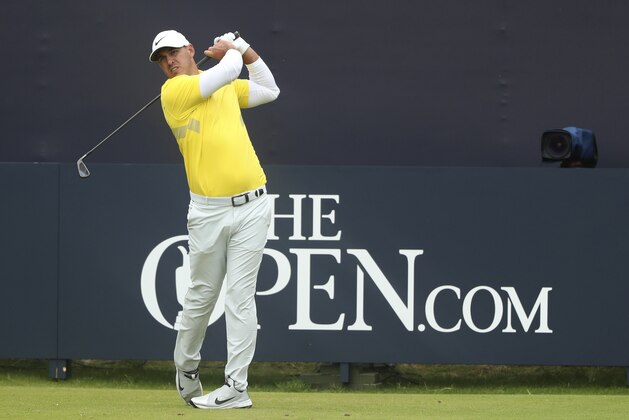 Brooks Koepka of the United States play his shot from the 1st tee during the final round of the British Open Golf Championships at Royal Portrush in Northern Ireland, Sunday, July 21, 2019.(AP Photo/Jon Super)